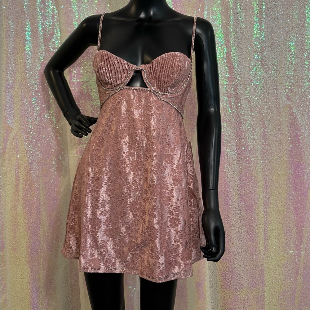 For Love And Lemons Rose Pink Velvet Lace Trim Mini Dress